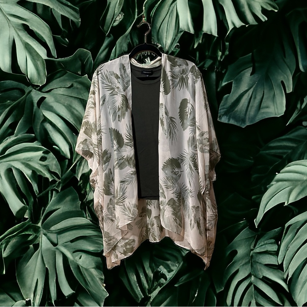 Tropical Print Ruana paired with Warehouse One Army Green Sleeveless Top